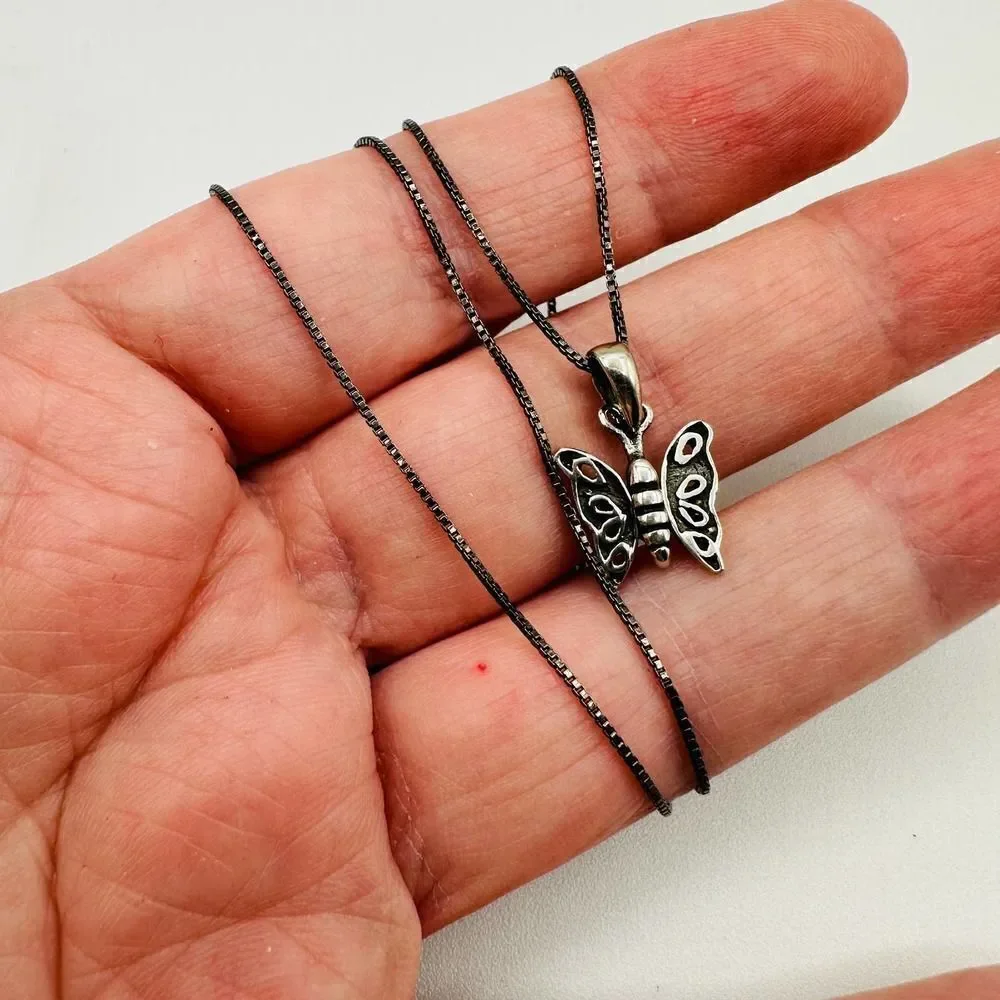 Butterfly Sterling Silver Necklace Black Rhodium Sterling Box Chain